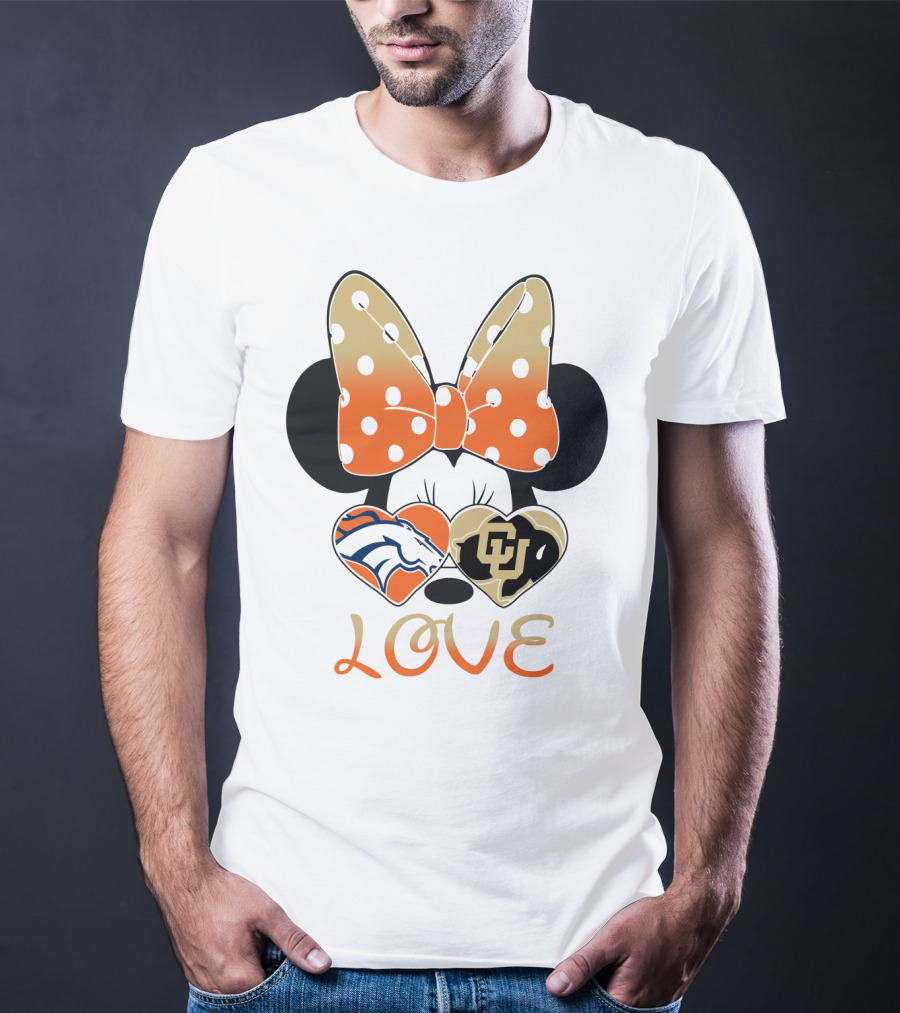 Love Minnie Mouse Orange Bow Denver Broncos University Of Colorado Buffaloes Hearts T-Shirt