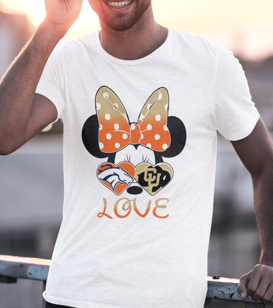Love Minnie Mouse Orange Bow Denver Broncos University Of Colorado Buffaloes Hearts T-Shirt