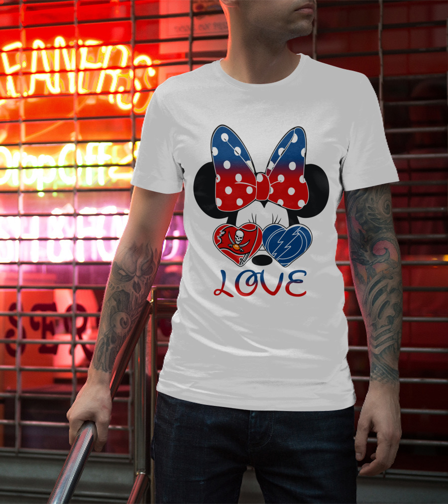 Love Minnie Bow Red And Blue Hearts With Buccaneers And Lightning Logos T-Shirt
