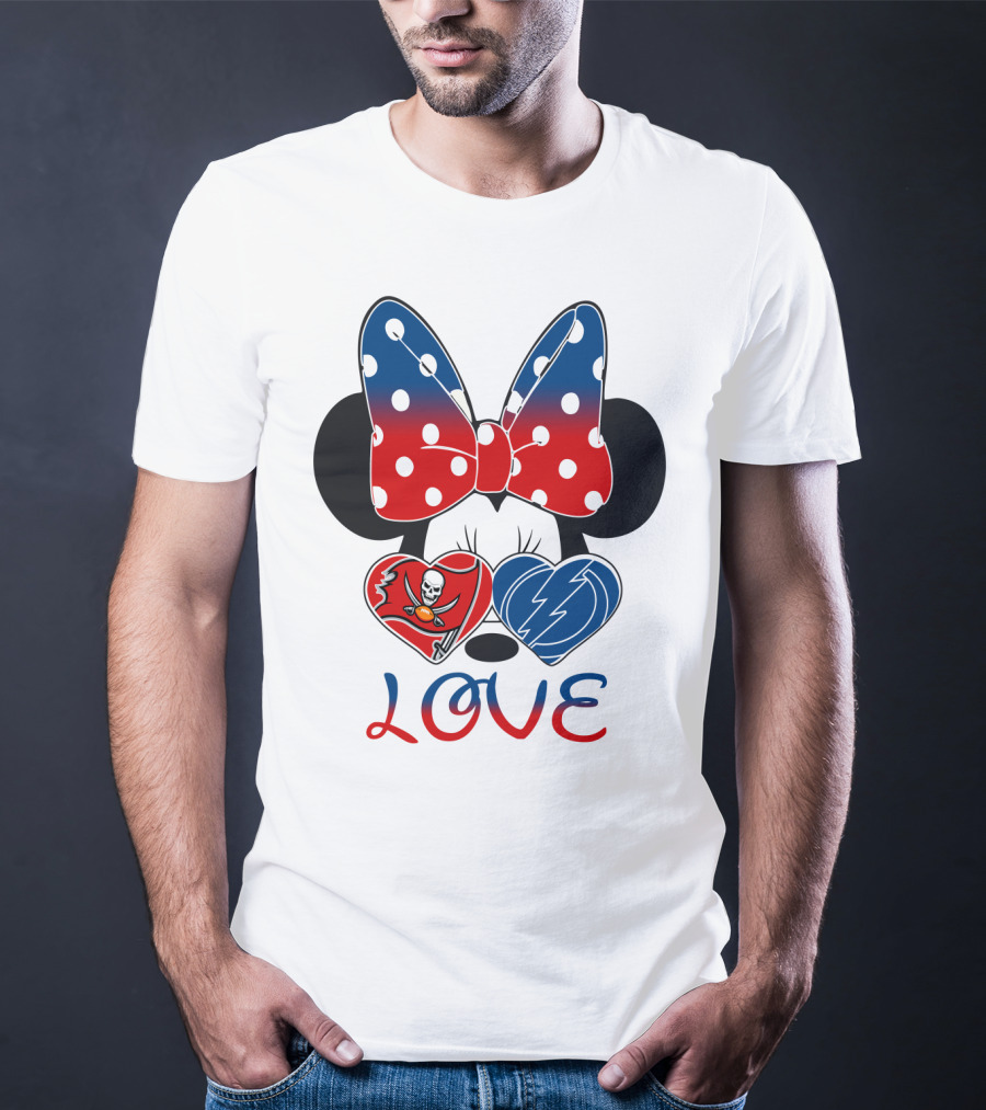 Love Minnie Bow Red And Blue Hearts With Buccaneers And Lightning Logos T-Shirt