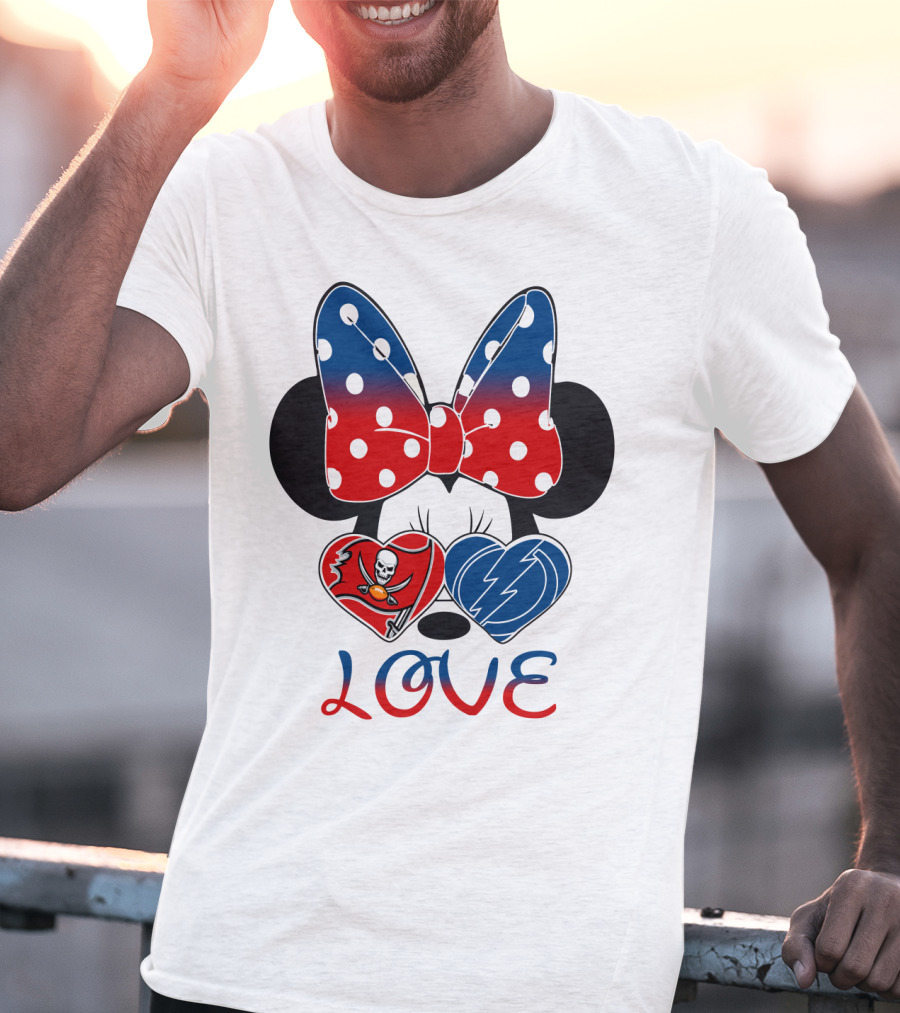 Love Minnie Bow Red And Blue Hearts With Buccaneers And Lightning Logos T-Shirt