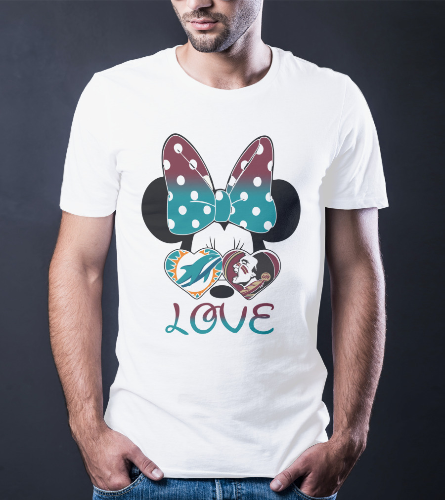 Love Minnie Bow Miami Dolphins Florida State Seminoles Hearts T-Shirt