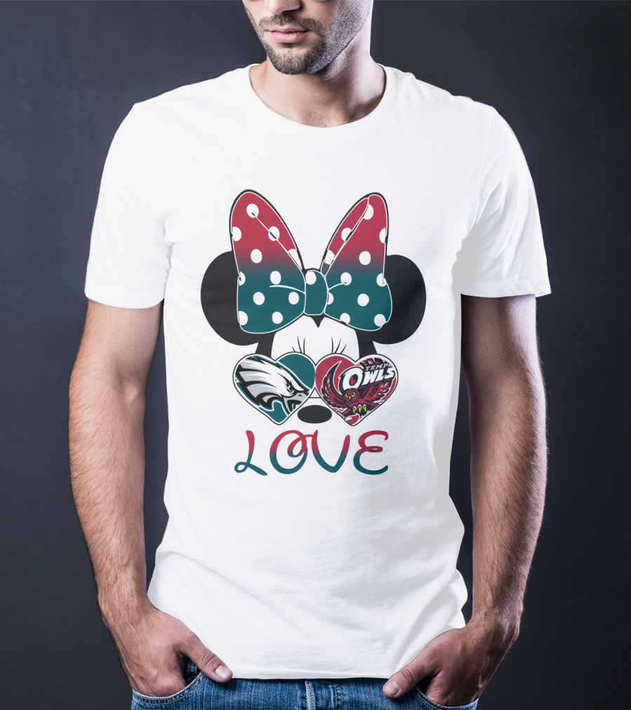 Minnie Mouse Bow Love Philadelphia Eagles Temple Owls Hearts T-Shirt