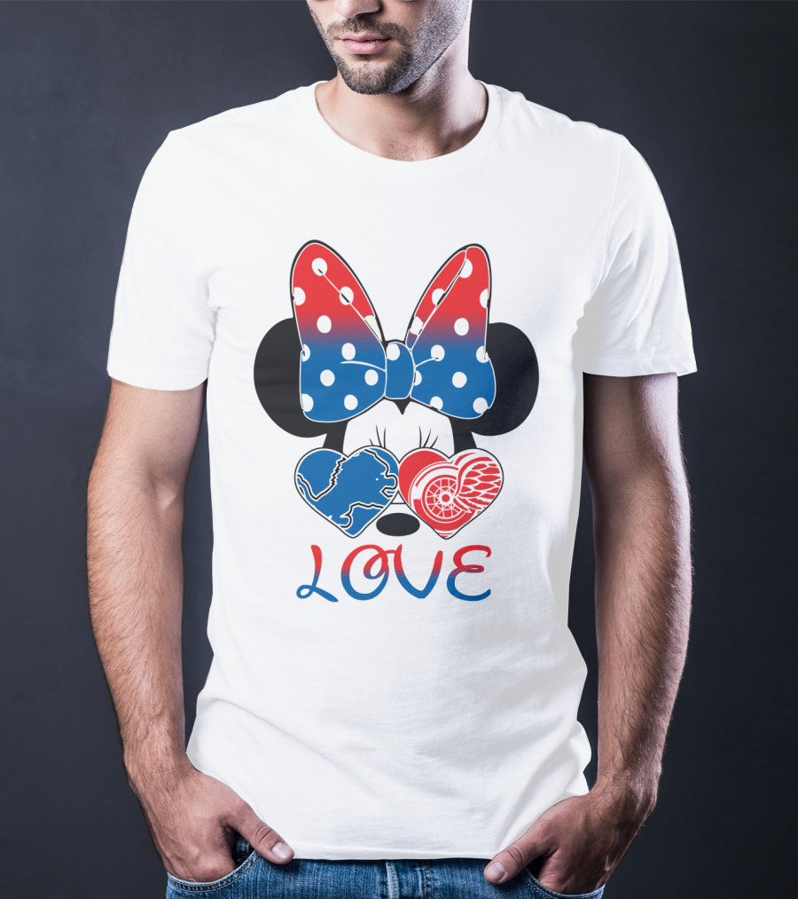 Love Minnie Mouse Detroit Lions Red Wings Bow Hearts T-Shirt