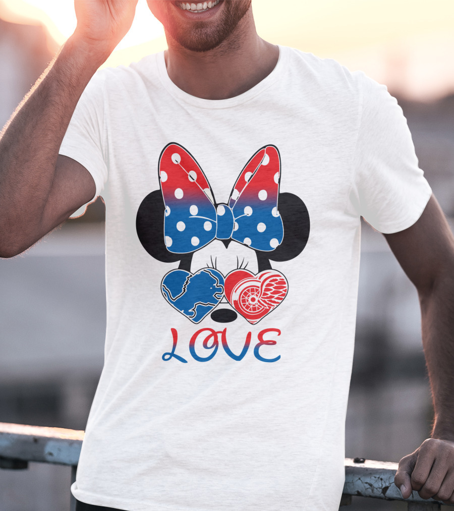 Love Minnie Mouse Detroit Lions Red Wings Bow Hearts T-Shirt