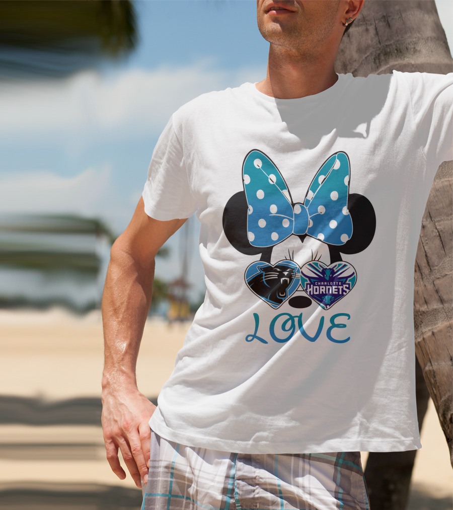 Minnie Mouse Love Carolina Panthers Charlotte Hornets Bow Hearts T-Shirt