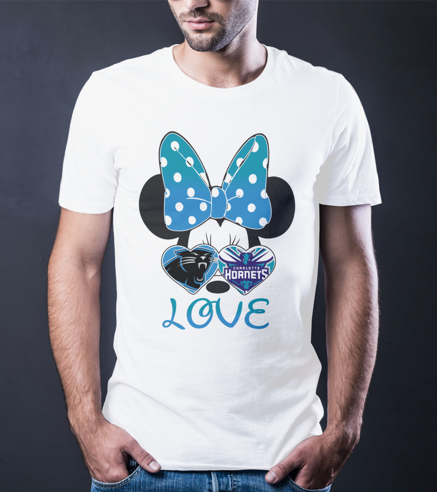 Minnie Mouse Love Carolina Panthers Charlotte Hornets Bow Hearts T-Shirt