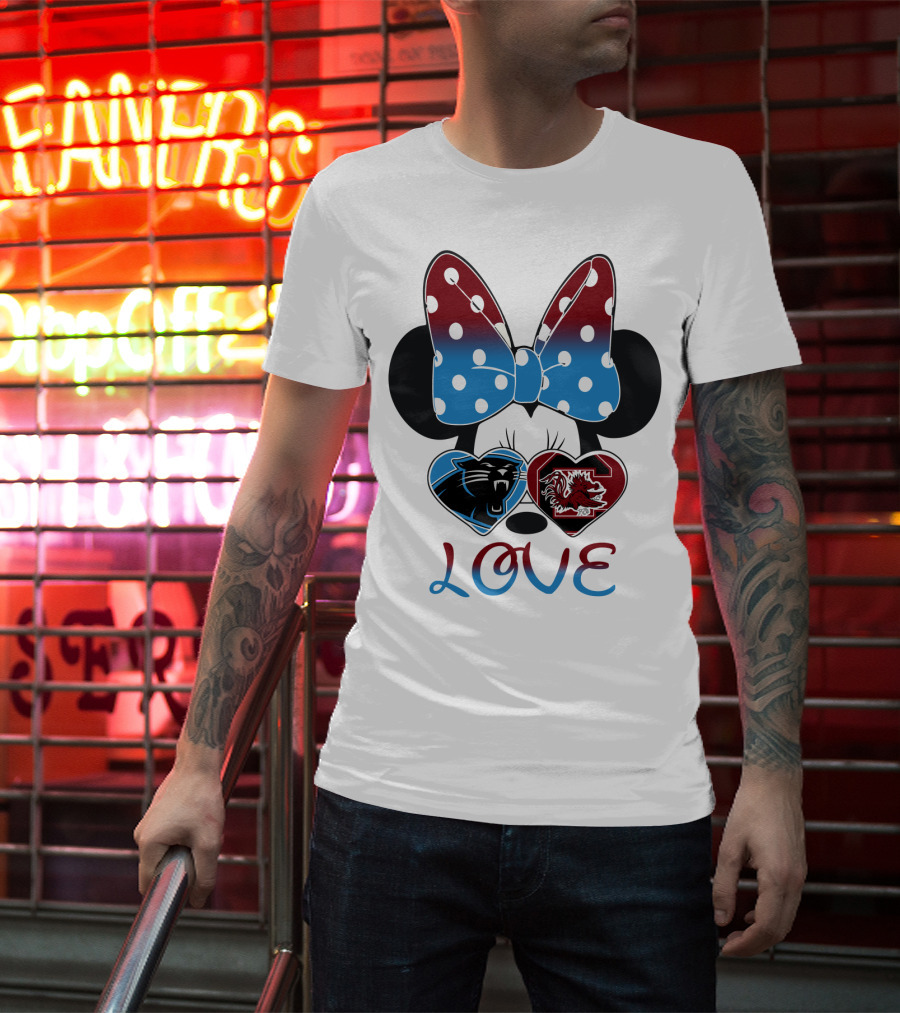 Love Carolina Panthers South Carolina Gamecocks Minnie Bow Hearts T-Shirt