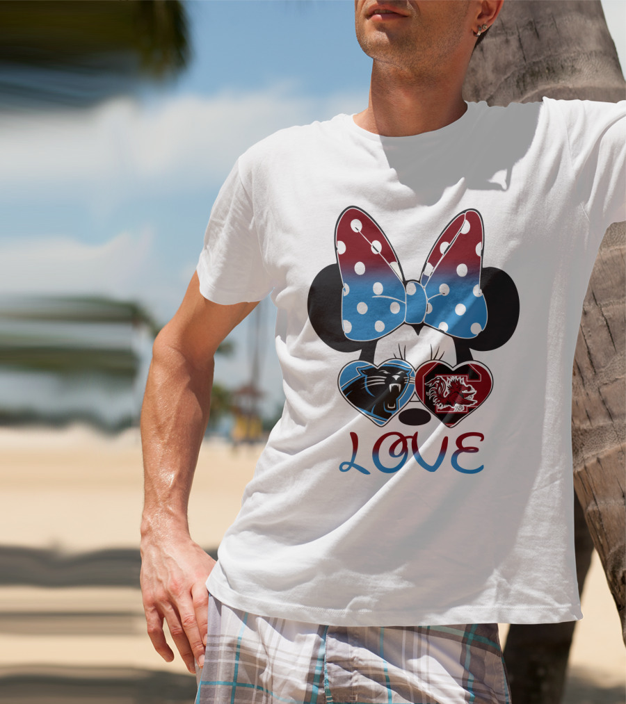 Love Carolina Panthers South Carolina Gamecocks Minnie Bow Hearts T-Shirt