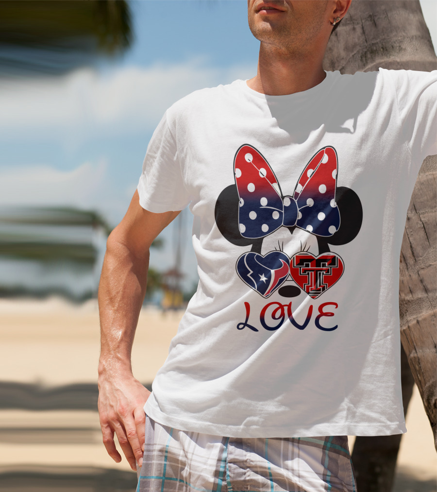 Minnie Mouse Love Texans And Texas Tech Hearts Bow T-Shirt
