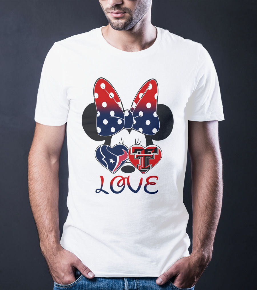 Minnie Mouse Love Texans And Texas Tech Hearts Bow T-Shirt