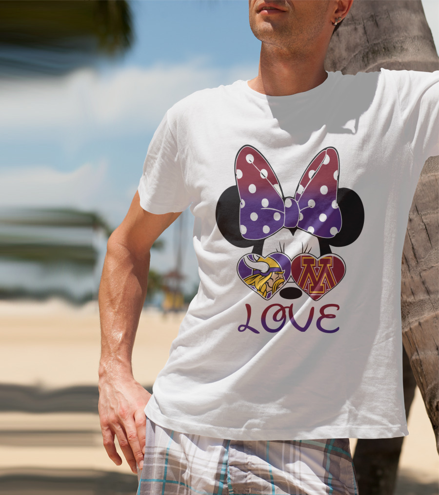 Minnie Mouse Bow Love Vikings Minnesota U Logo Hearts T-Shirt
