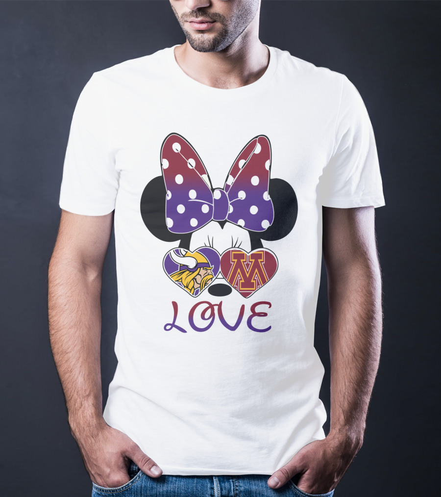 Minnie Mouse Bow Love Vikings Minnesota U Logo Hearts T-Shirt