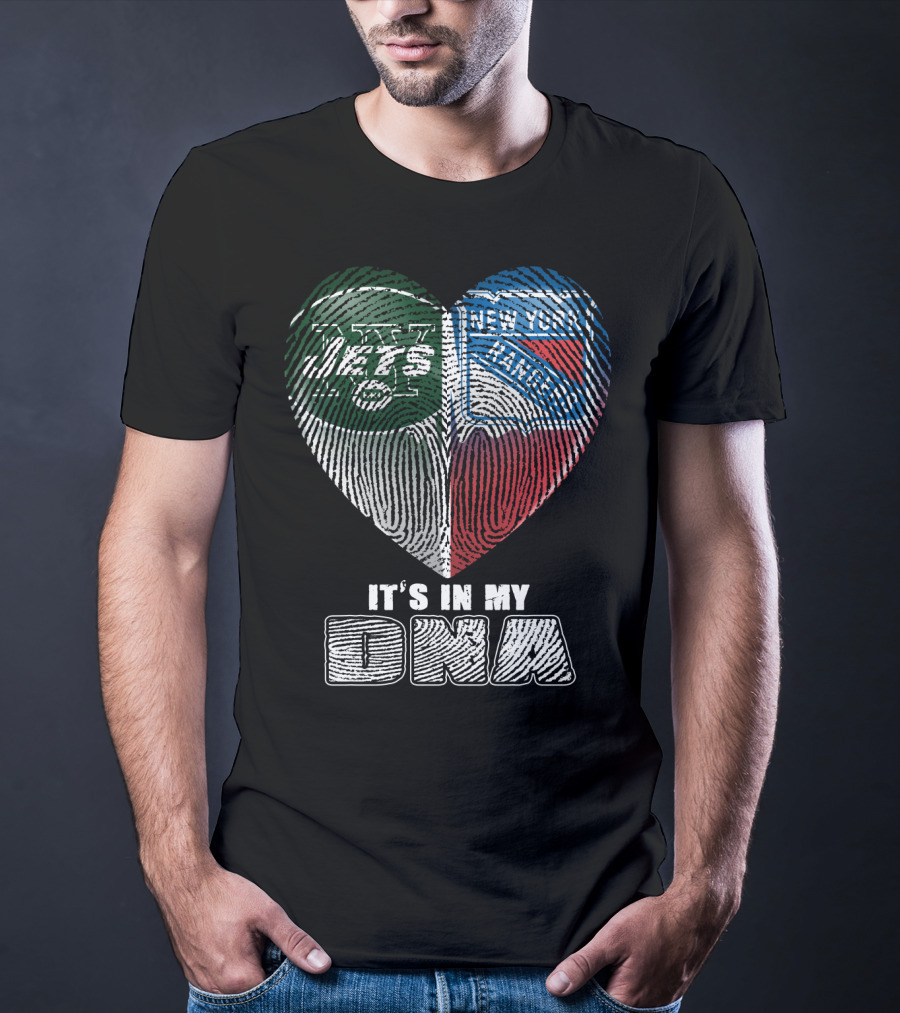 New York Jets And Rangers It's In My Dna Heart Fingerprint T-Shirt