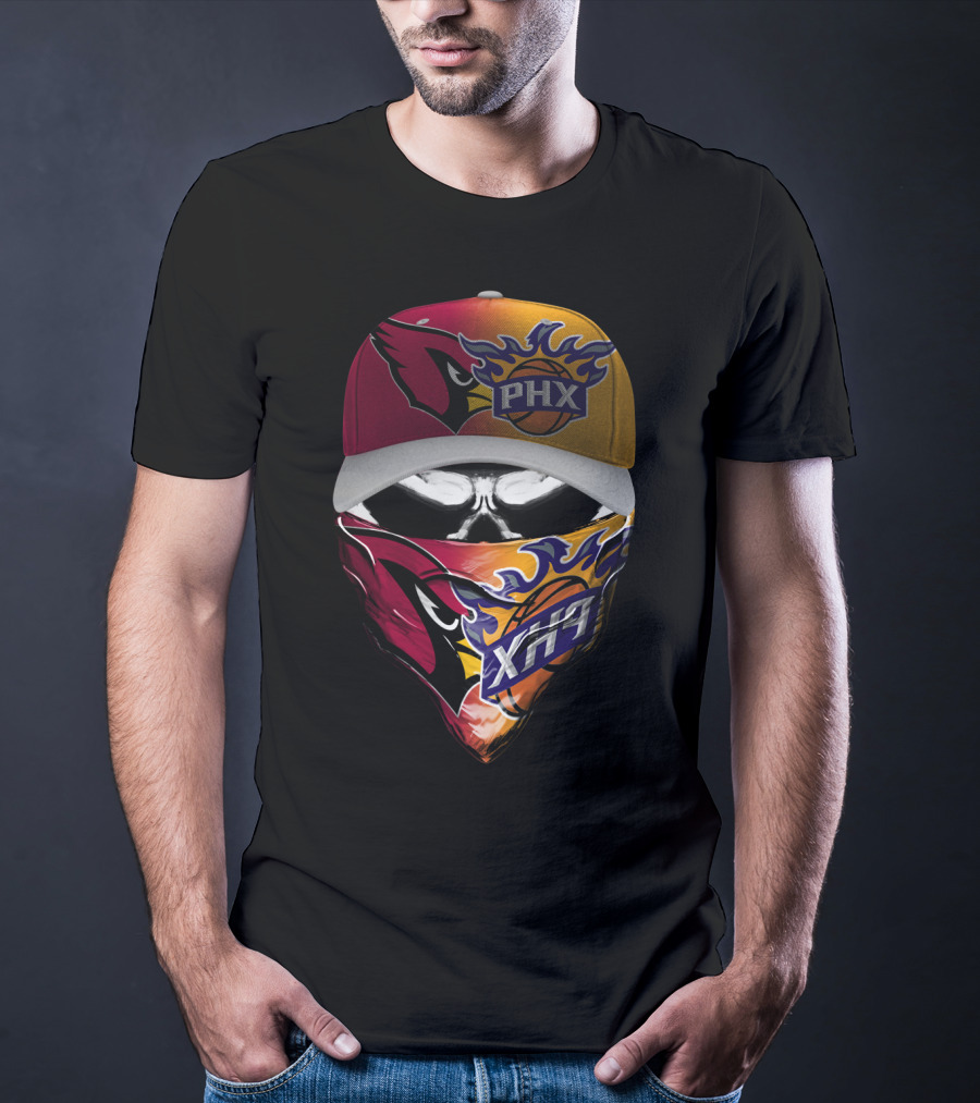 Phx Cardinals Suns Crossover Flame Skull Headwear T-Shirt