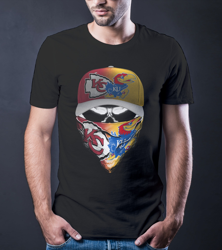 Kansas City Chiefs And Kansas Jayhawks Skull Bandana Hat Fusion T-Shirt
