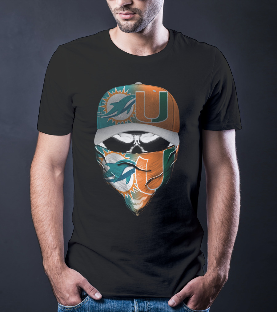 Miami Dolphins And University Of Miami Logo Face Mask And Cap Design Skull Style T-Shirt