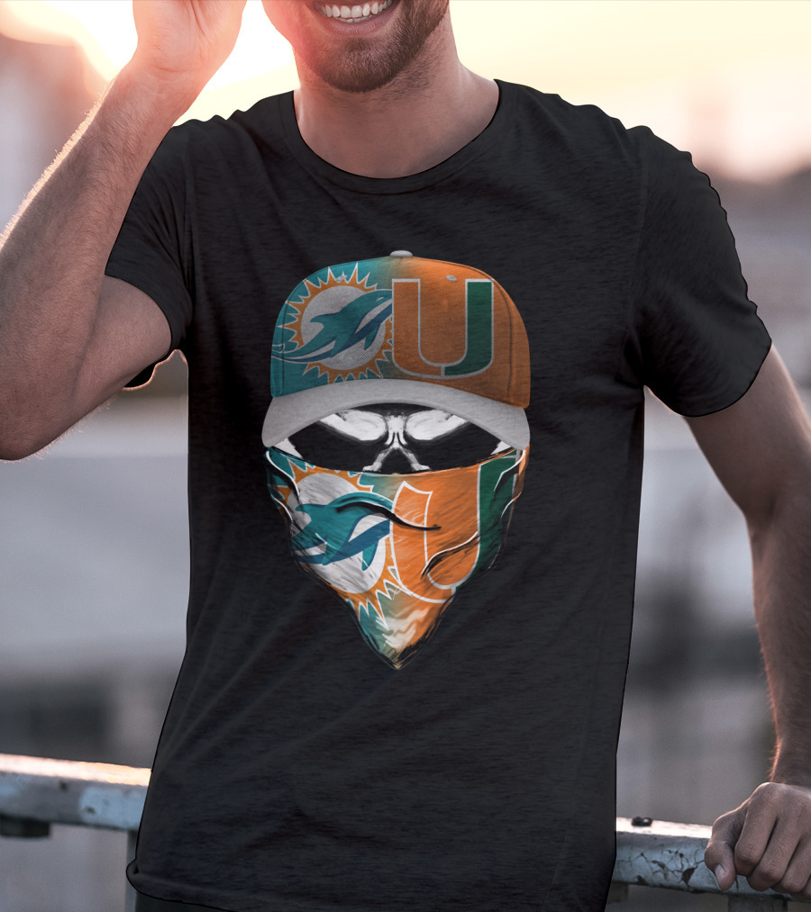 Miami Dolphins And University Of Miami Logo Face Mask And Cap Design Skull Style T-Shirt