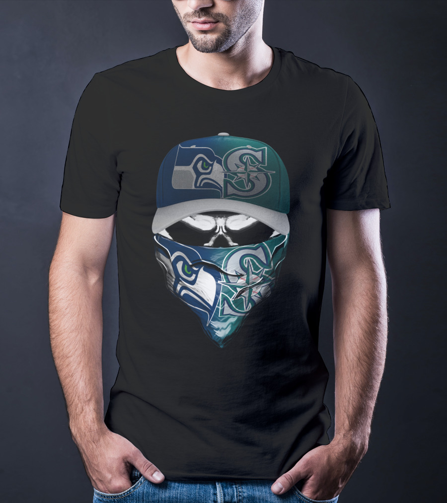 Seattle Seahawks Mariners Skull Mask Hat T-Shirt