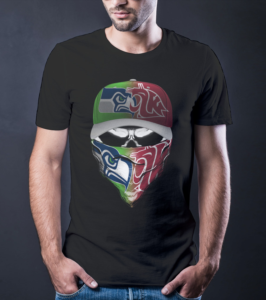 Seattle Seahawks Washington State Cougars Split Mask Hat T-Shirt