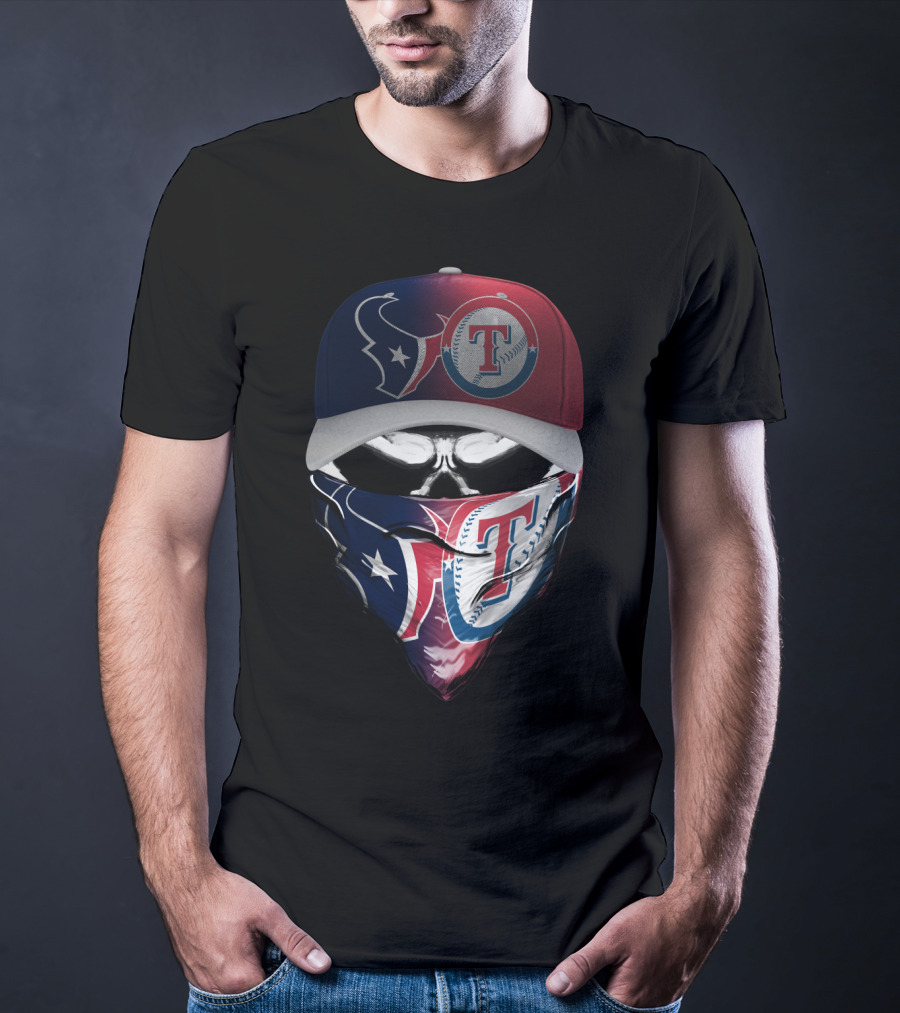 Houston Texans And Texas Rangers Skull Bandana Hat Dual Theme T-Shirt