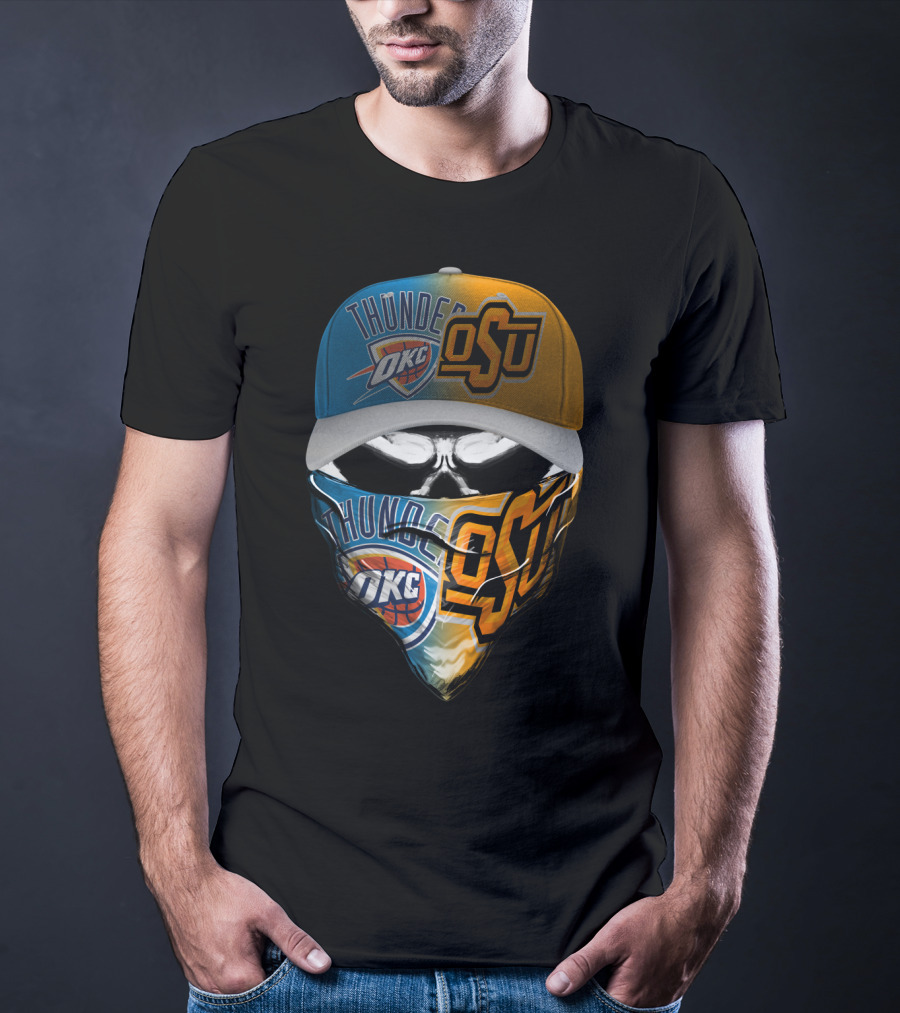 Okc Thunder Osu Split Face Skull Bandana Hat T-Shirt