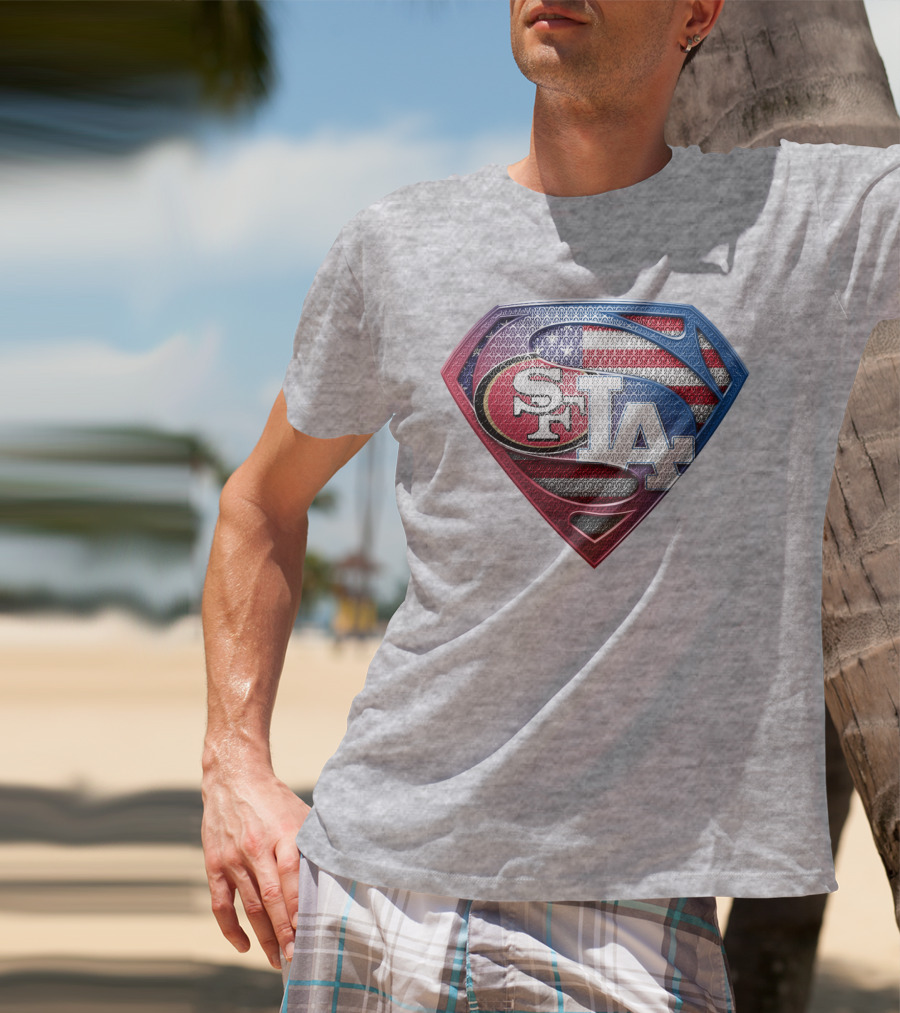 Sf La Superman Shield American Flag Hintergrund T-Shirt