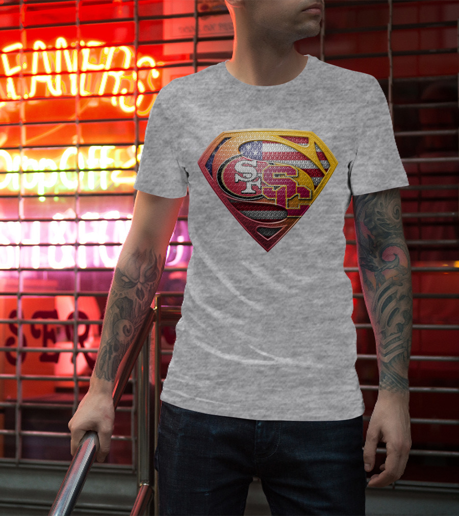 Superman Shield With San Francisco And Usc Logos Merged Over American Flag T-Shirt