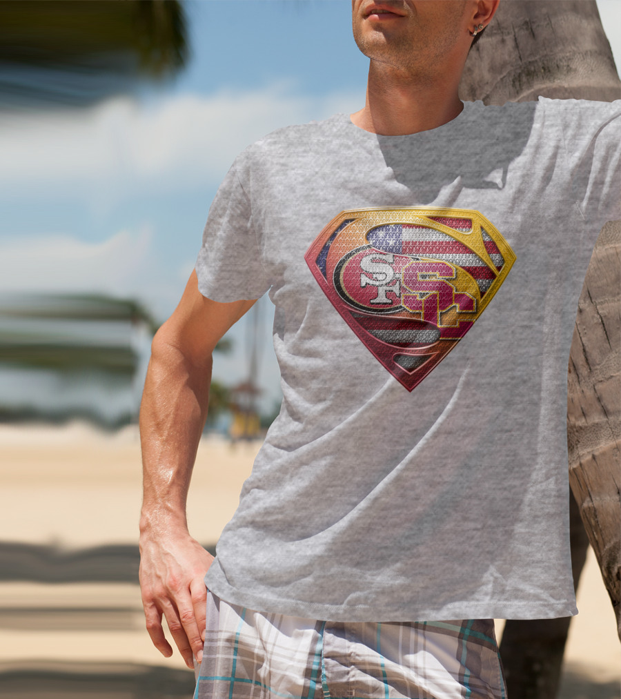 Superman Shield With San Francisco And Usc Logos Merged Over American Flag T-Shirt