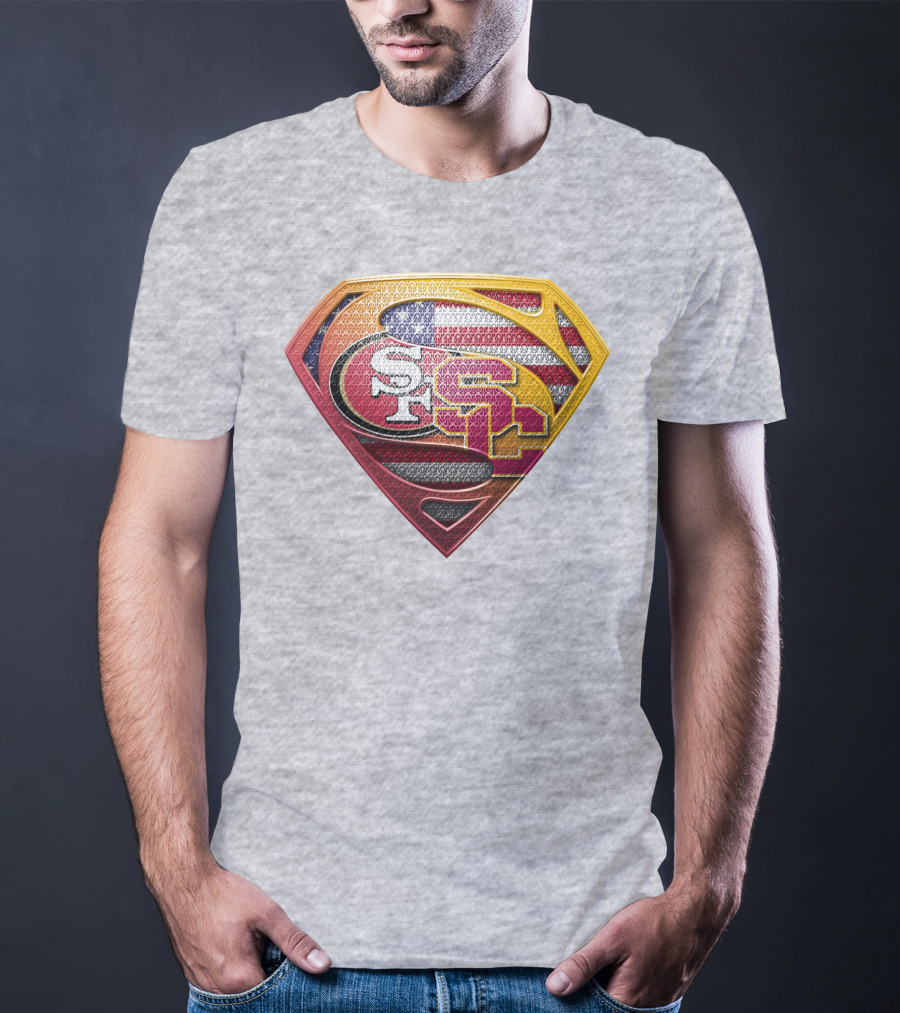 Superman Shield With San Francisco And Usc Logos Merged Over American Flag T-Shirt