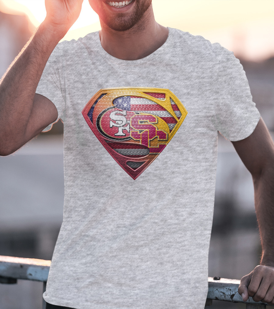 Superman Shield With San Francisco And Usc Logos Merged Over American Flag T-Shirt