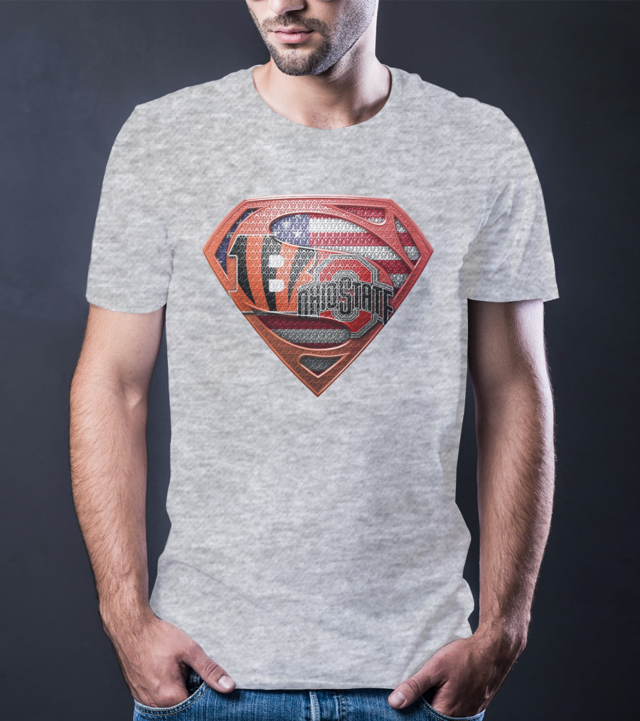 Superman Shield With Cincinnati Bengals Tiger Stripes Ohio State Logo And American Flag T-Shirt