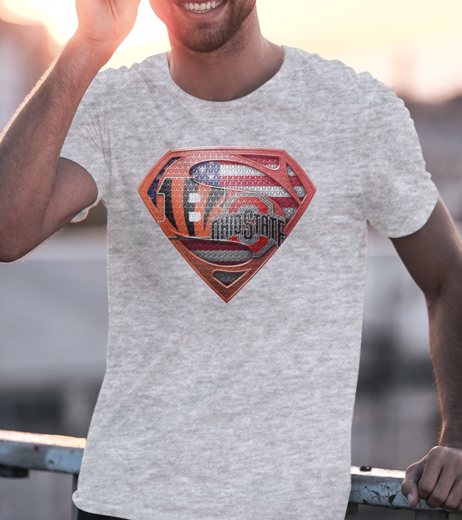 Superman Shield With Cincinnati Bengals Tiger Stripes Ohio State Logo And American Flag T-Shirt