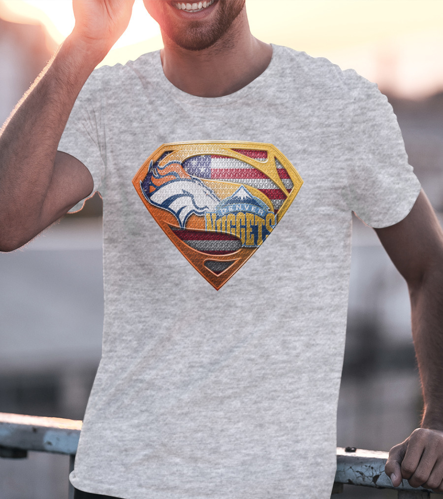 Denver Nuggets Broncos American Flag Super Hero Shield T-Shirt
