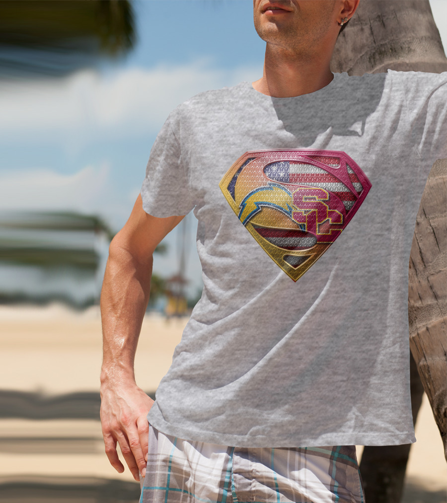 Superman Chargers Trojans American Flag Emblem On Gray T-Shirt