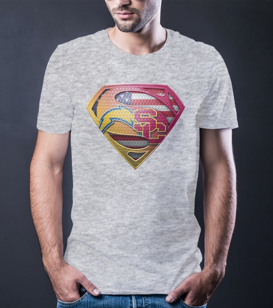 Superman Chargers Trojans American Flag Emblem On Gray T-Shirt