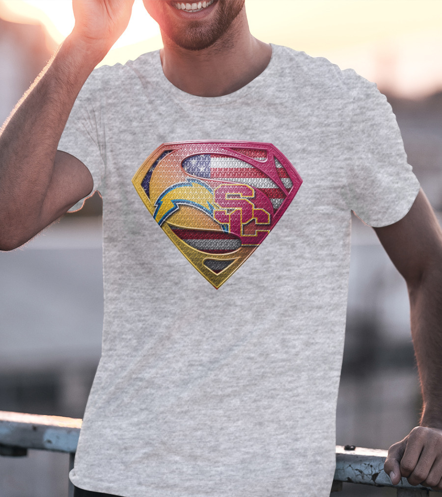 Superman Chargers Trojans American Flag Emblem On Gray T-Shirt