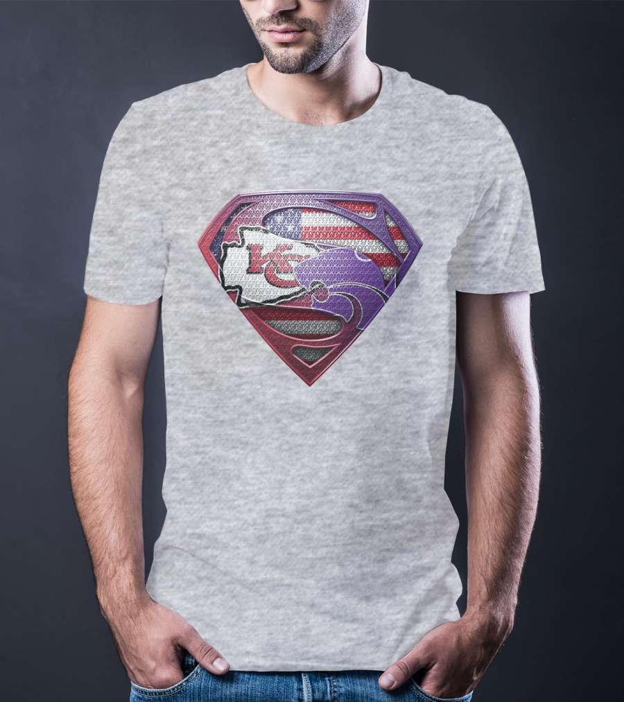 Kansas City Chiefs Superman Logo With American Flag And Kansas Map T-Shirt