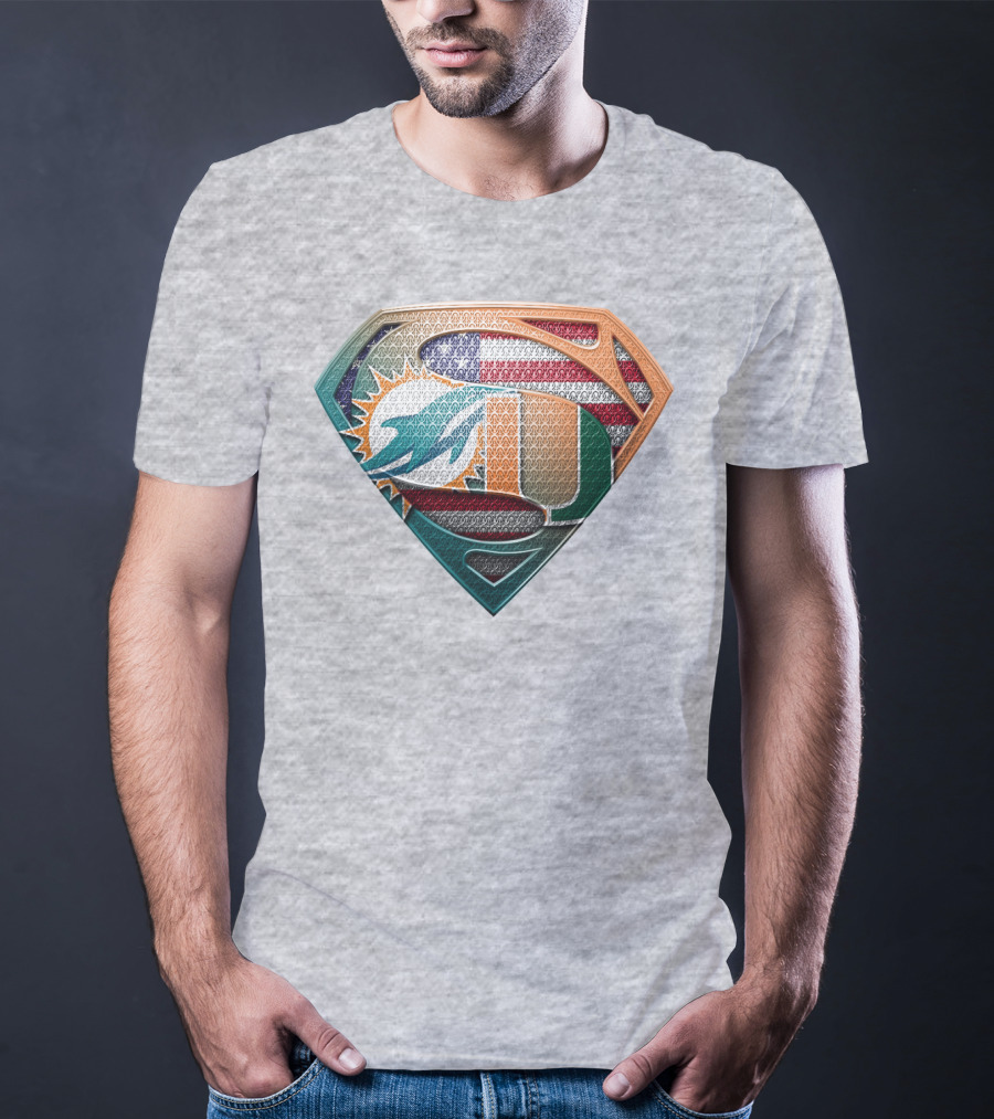 Miami Dolphins University Of Miami Superman Logo With American Flag T-Shirt