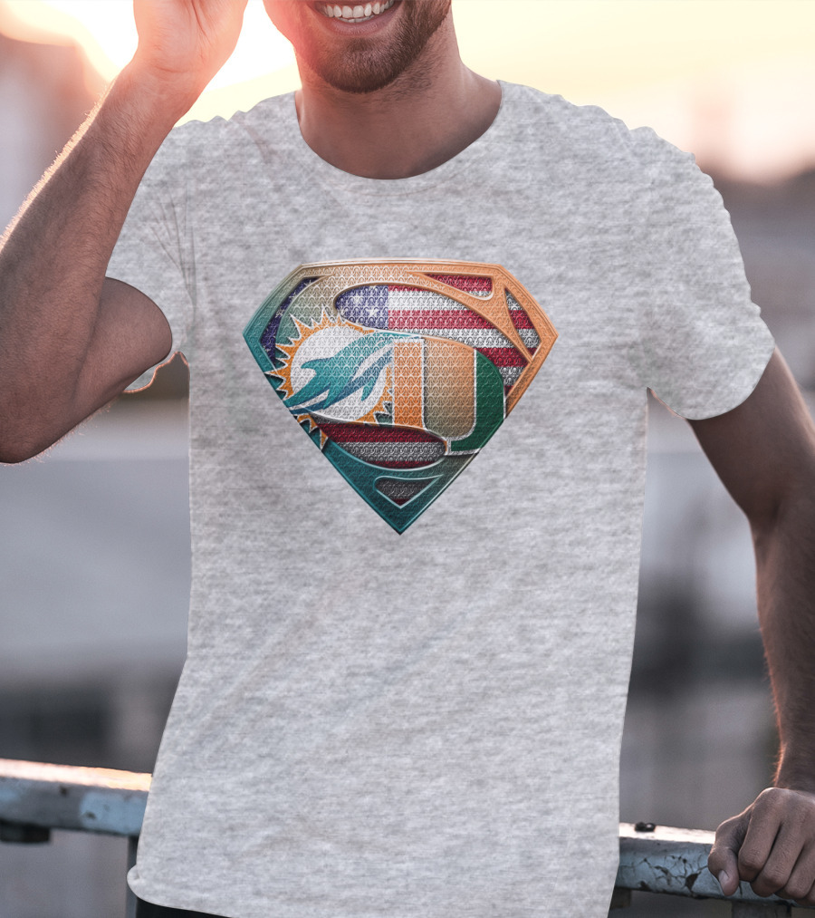 Miami Dolphins University Of Miami Superman Logo With American Flag T-Shirt