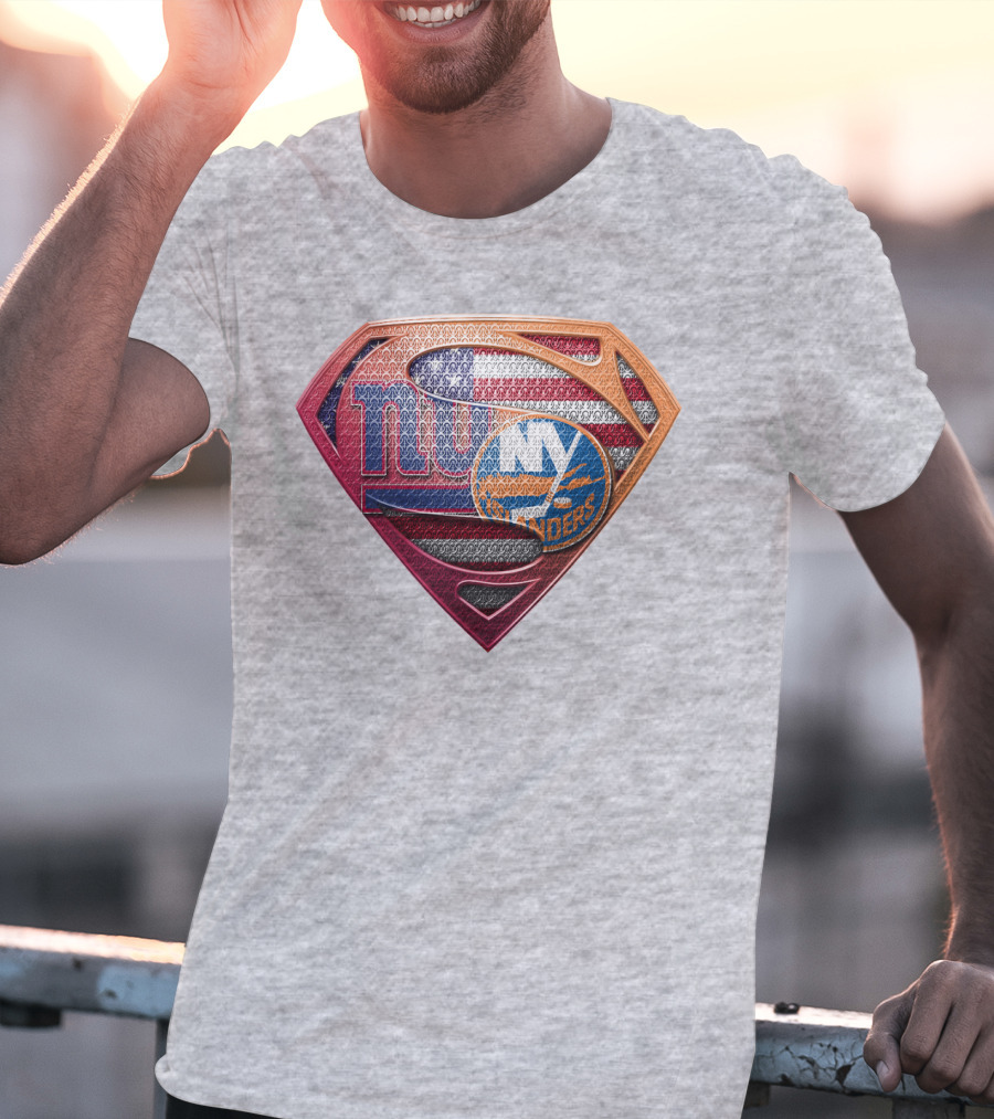 New York Giants Islanders Superman Shield American Flag T-Shirt