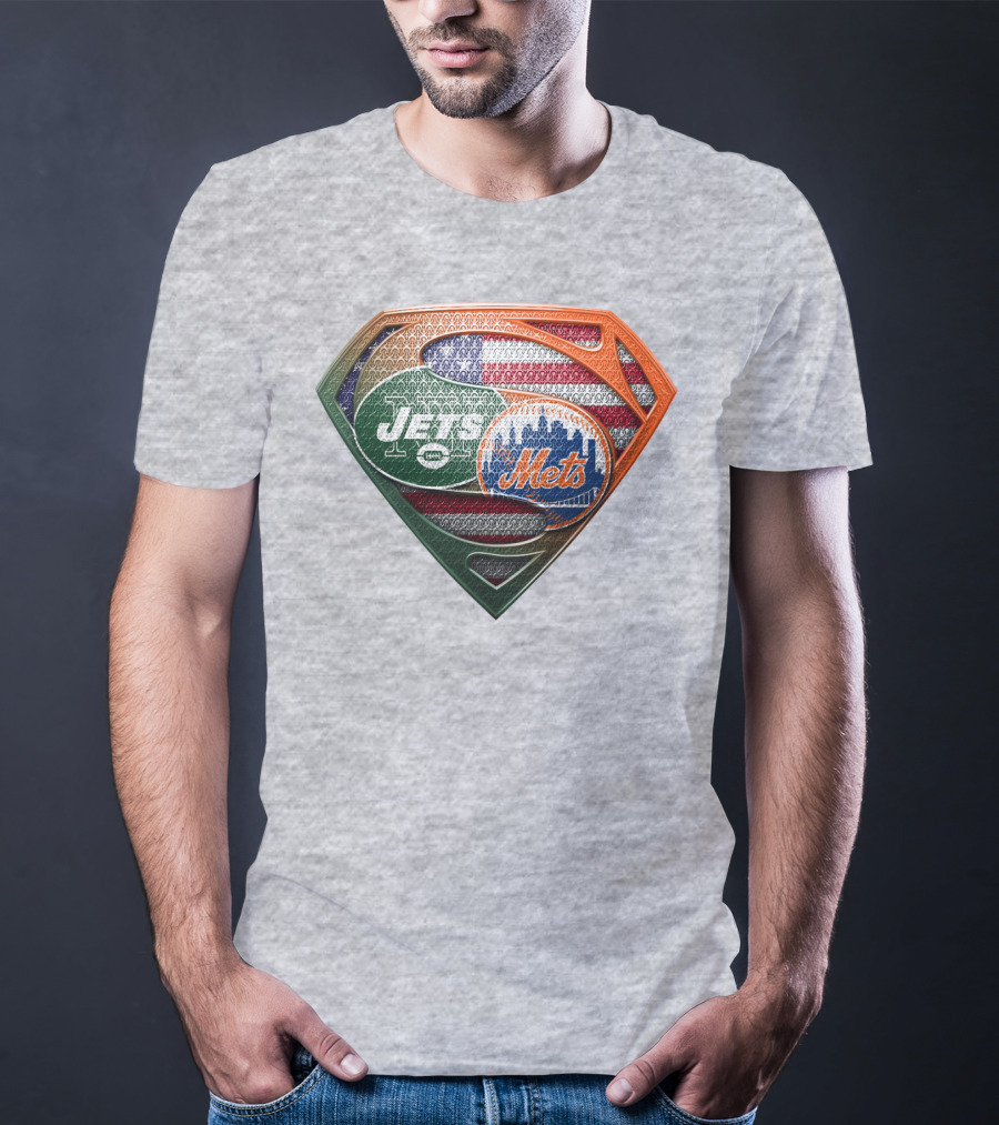 New York Jets Mets Logo With American Flag And Superman Shield T-Shirt
