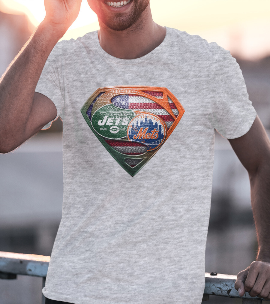 New York Jets Mets Logo With American Flag And Superman Shield T-Shirt
