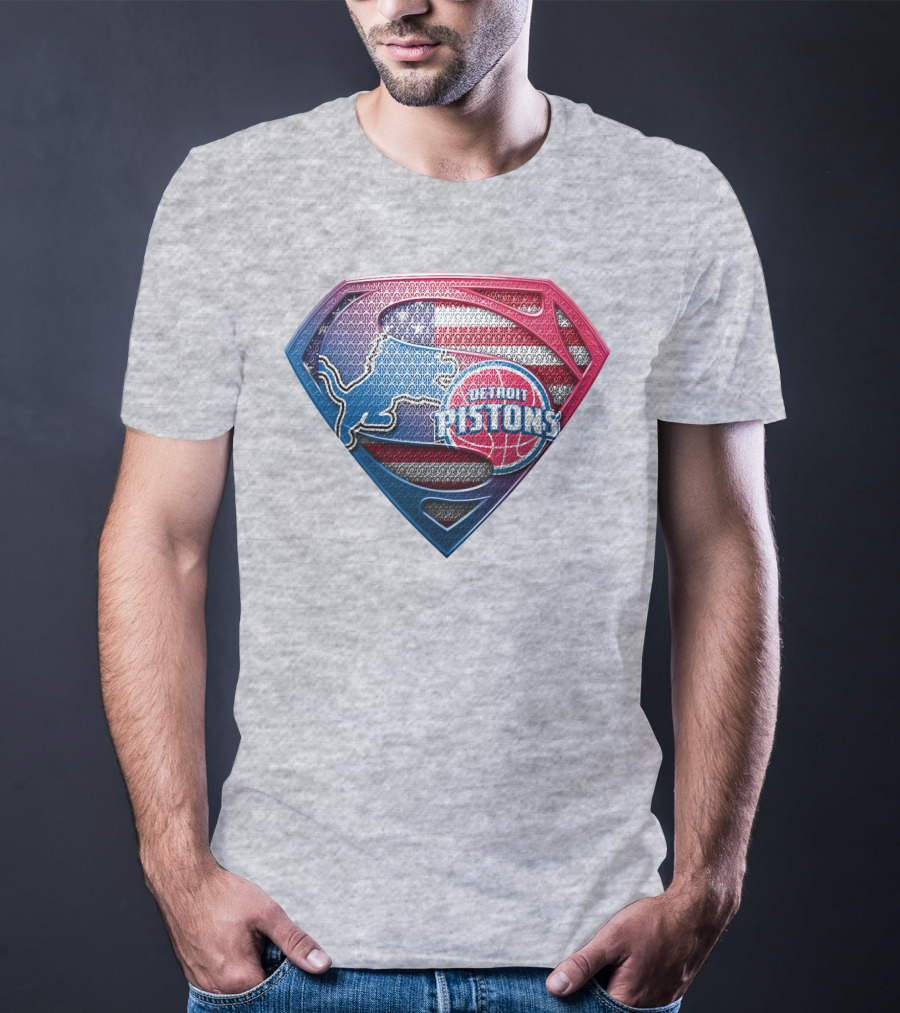 Detroit Pistons Lions Superman Logo Shaped Patch With American Flag T-Shirt