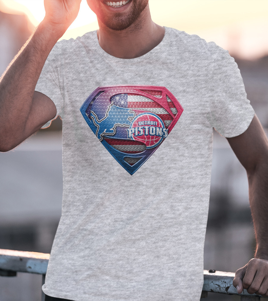 Detroit Pistons Lions Superman Logo Shaped Patch With American Flag T-Shirt