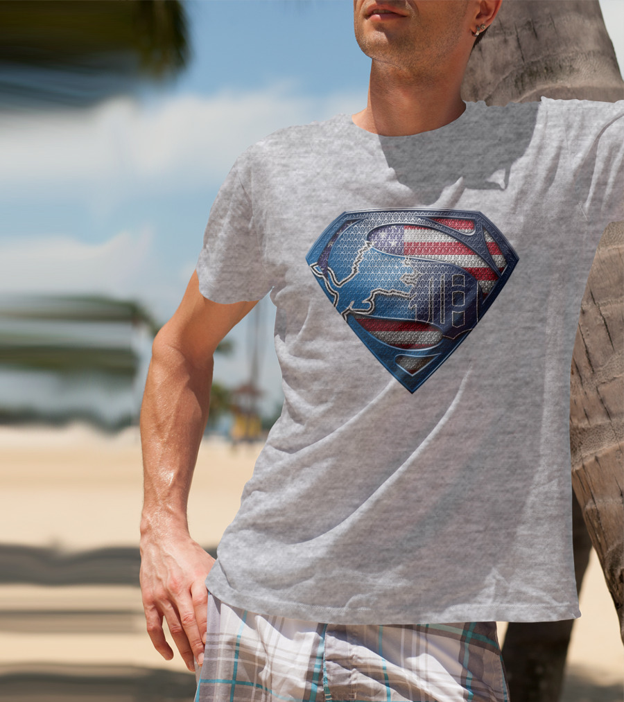 Detroit Lions American Flag Superhero Emblem T-Shirt