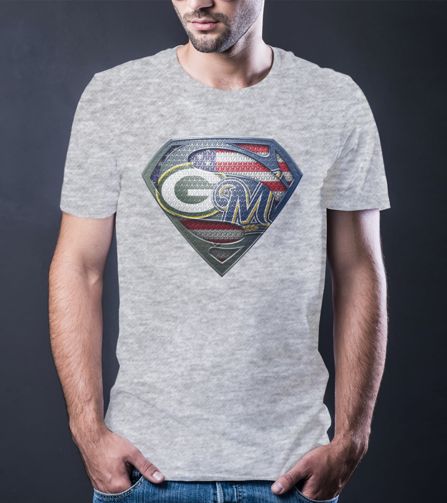 Green Bay Packers Milwaukee Brewers American Flag Superman T-Shirt