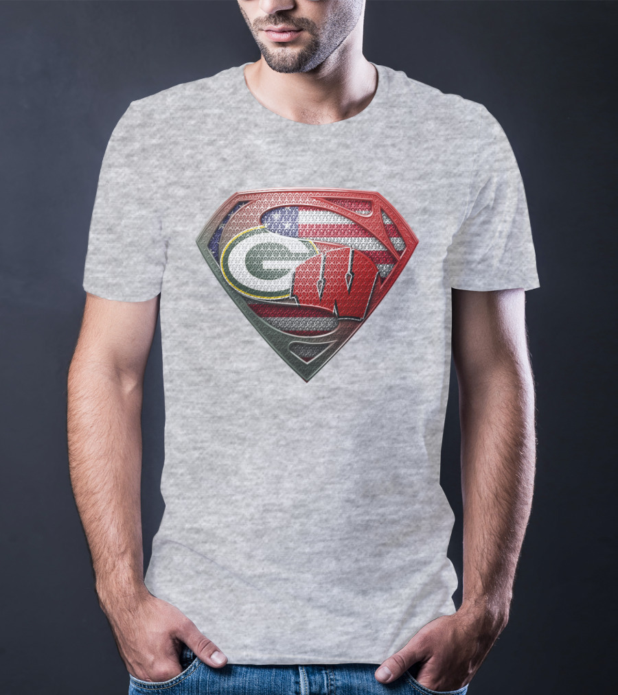 Green Bay Packers Wisconsin Badgers American Flag Superman Shield T-Shirt