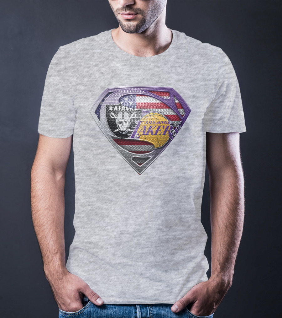 Los Angeles Lakers Raiders American Flag Superman Shield T-Shirt