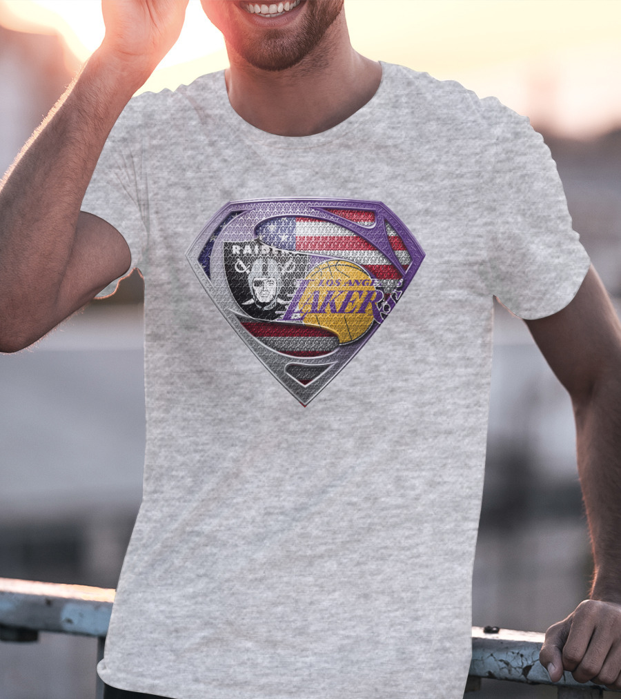 Los Angeles Lakers Raiders American Flag Superman Shield T-Shirt